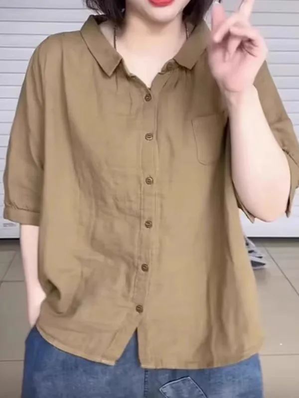 

High-End European Sle Women's Cotton irt ort Sve Thin Loose plus Size Slimming Collar Top Summer Faion