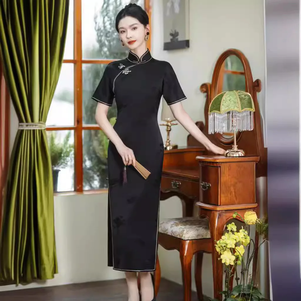 High-End Black Interwoven Cheongsam Qipao 2024 New Retro Full Cardigan High-Grade Real Silk Dress