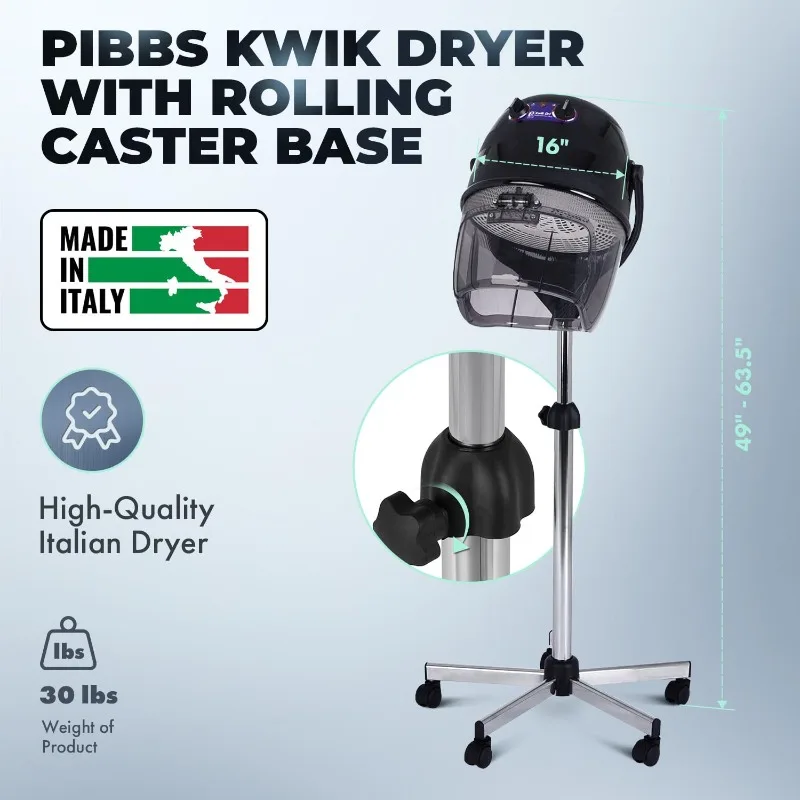 Kwik Dryer with Rolling Caster Base, 1100-Watt Salon Hair Dryer, Adjustable Height and Head, Flip Top Visor, Made in Italy