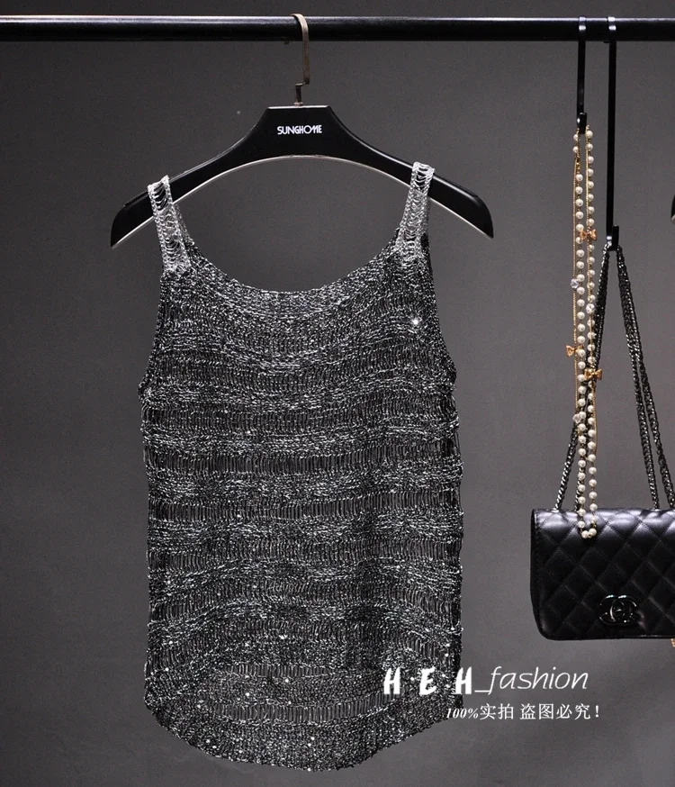Transparent Knitted Tanks Tops Women Shiny Gold Tanks Women Sleeveless Gold Tank Tops