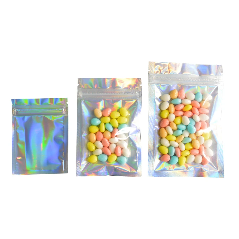 100 Pcs Hologram Foil And Transparent Zip lock Bags Pouch Electronic Accessories Food Candy Gift Lipstick Cosmetics Packaging