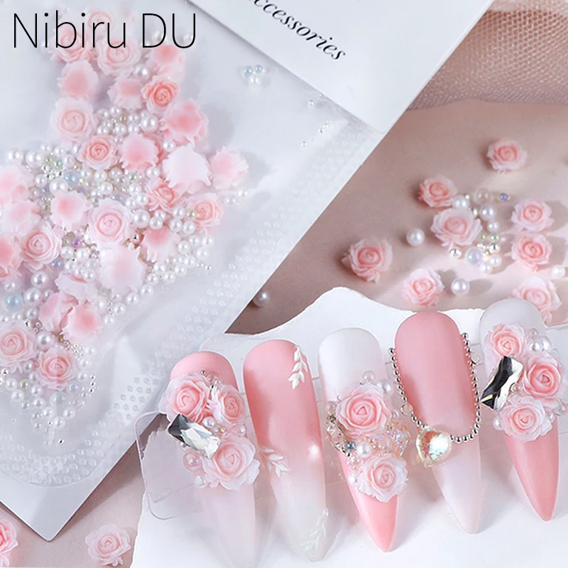 30Pcs Pink Rose Flower 3D Nail Rhinestone Decoration Nail Jewelry Colorful Mixed Pearl Beads Charms Valentine's Nail Arts Supply