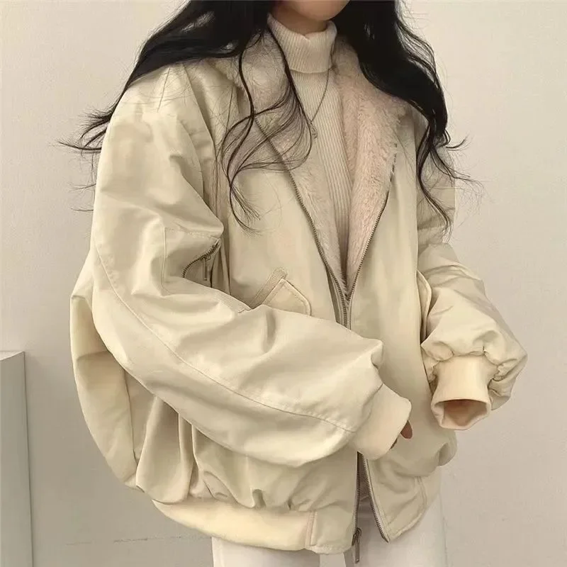 

Autumn Winter Women Plus Velvet Thick On Both Parkas Fashion Loose Hooded Casual Lamb Clothes Coat Solid All Match Jacket