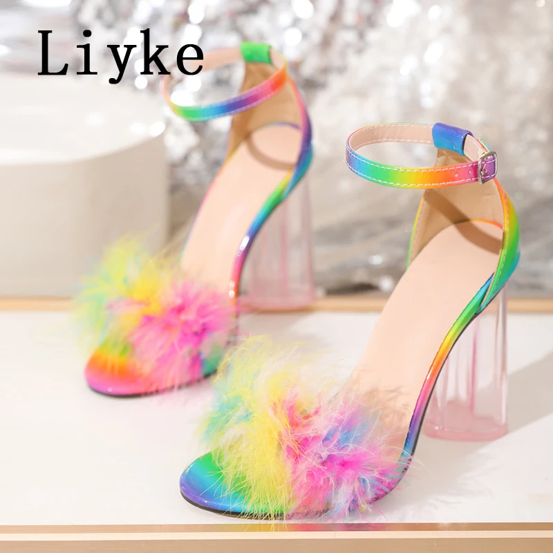 Liyke 2024 Summer Fashion Heart Shaped Transparent Thick Heels Colour Fluffy Feather Women Sandals Elegant Wedding Prom Shoes