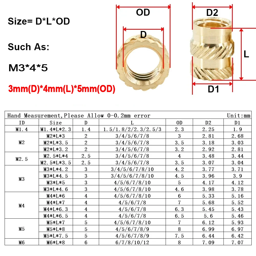 Brass Insert Nuts Heat Threaded Knurl Insert Component Double Twill Injection Molding Nut for 3D Printing M2 M2.5 M3 M4 M5 M6 M8