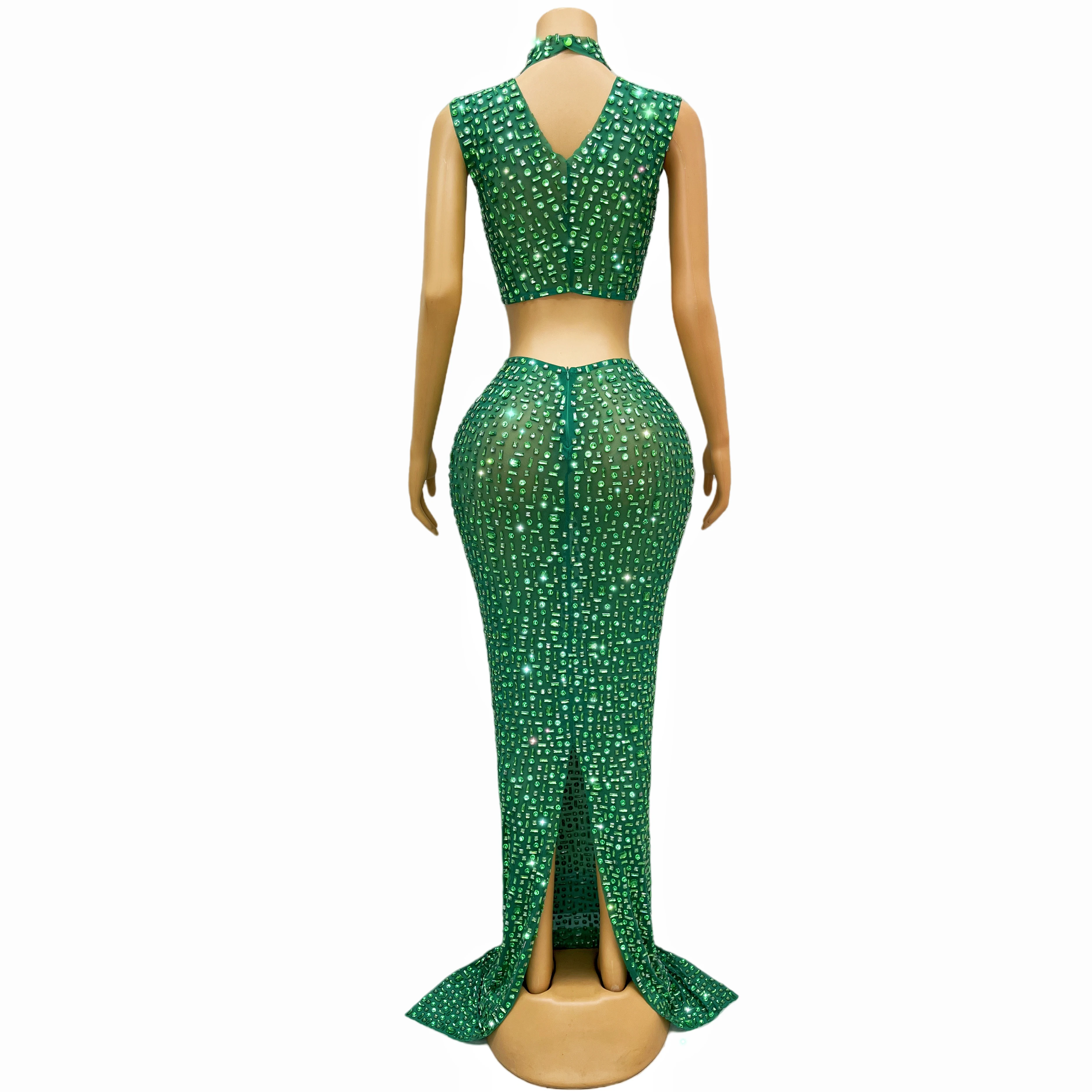 All green irregular rhinestone sleeveless top dress floor length suit birthday party sexy dance costume dance costume lvbei