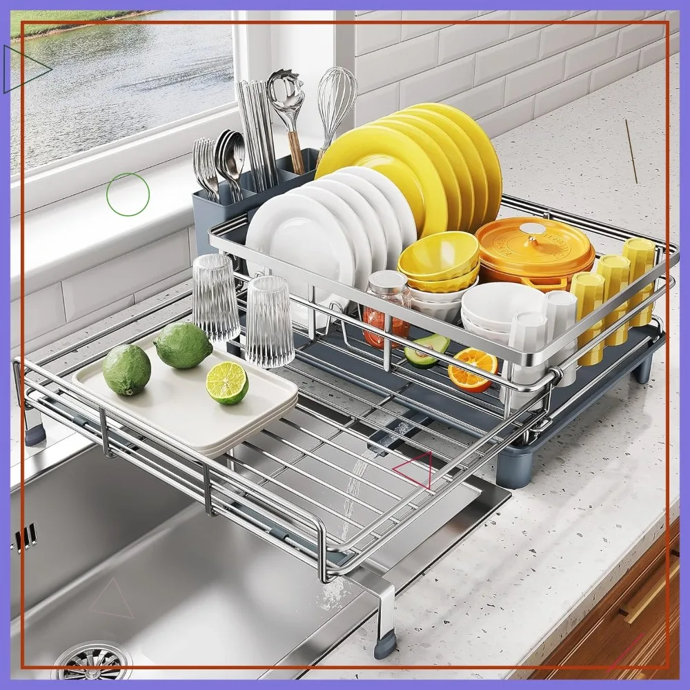 

Раздвижная сушилка для посуды с держателем для столовых приборов - большая сушилка для раковины из нержавеющей стали для кухонной столешницы, серебристая