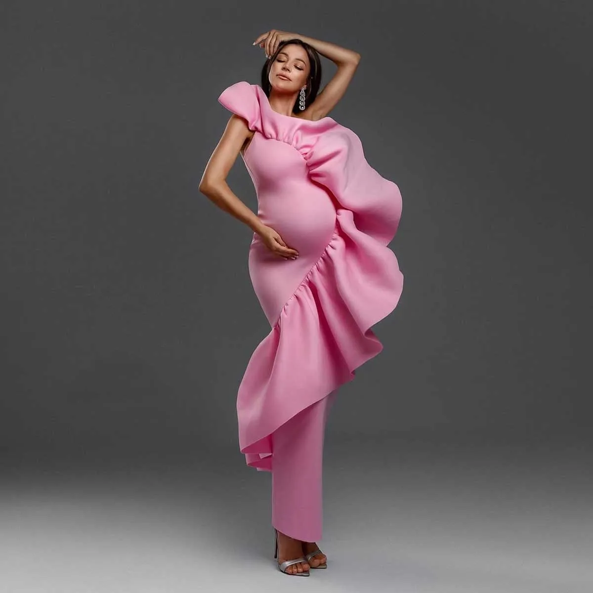 

Pretty Pink Ruffles Maternity Dress Photoshoot Stretch Ruched Baby shower Dresses for Pregnant Woman 임부복 Pregnancy Dresses