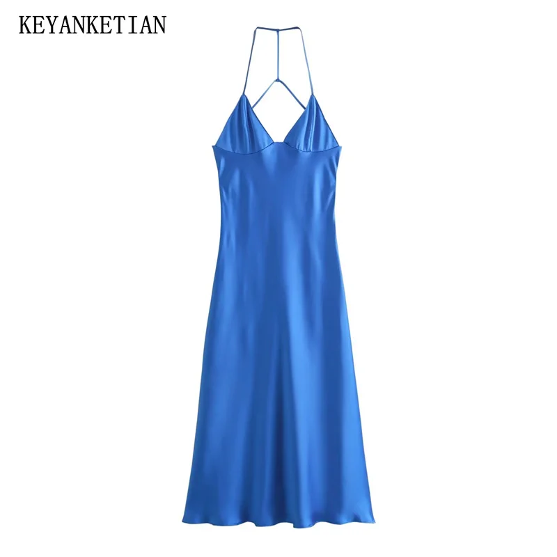 KEYANKETIAN 2024 New Launch Women's Blue Satin Slip Dress Summer Spaghetti Strap Sexy Backless A-Line MIDI Dress Beach Dress