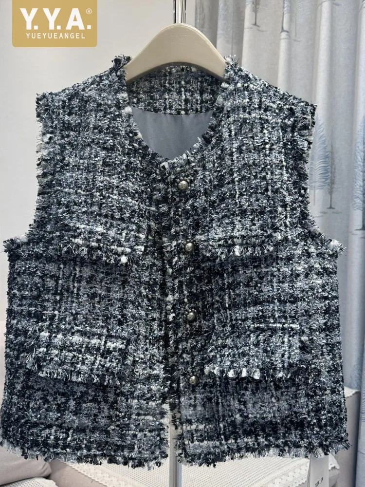Spring Vintage Women Versatile Sleeveless Tweed Jacket O-Neck Fashion Pockets Single Breasted Casual Outerwear Ladies Waistcoat