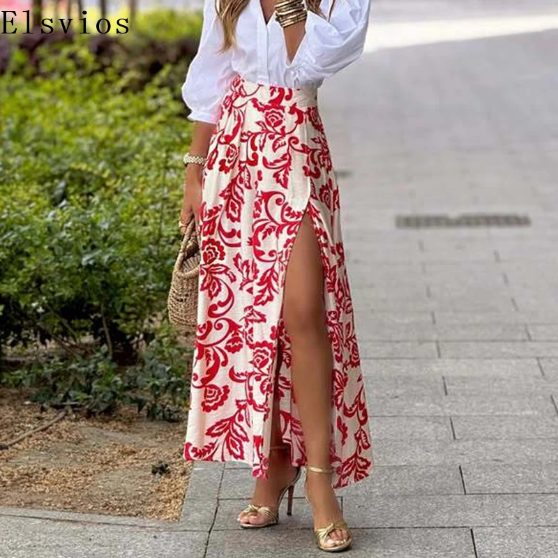 

2025 Fashion Floral Printed Loose Holiday Skirts New Casual High Street Pleated Bohe Half Skirts Women Elegant Long Party Skirts
