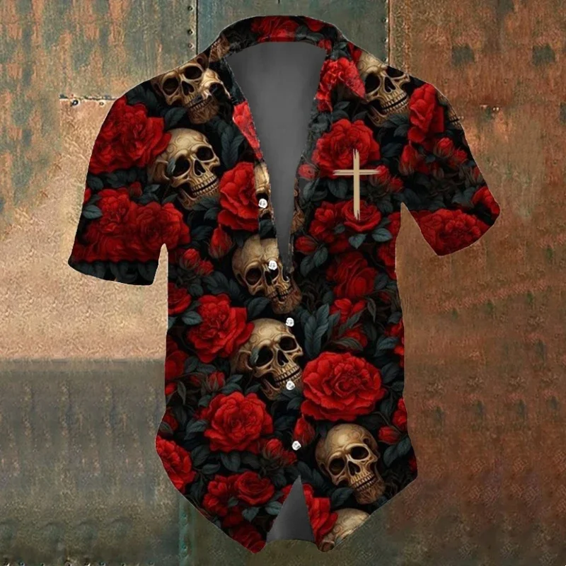 Camisa de manga curta estampada com caveira masculina, blusa larga com lapela larga, preto e branco, roupa casual de verão