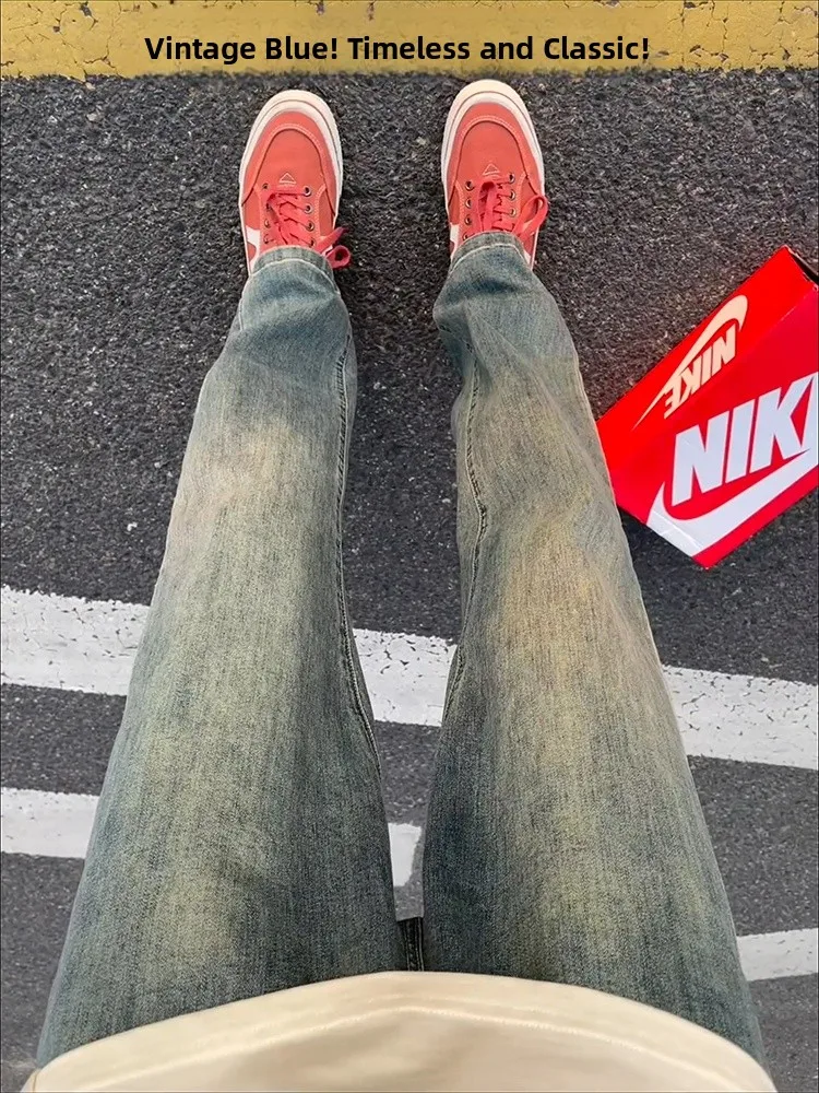 

Retro Blue Flared Straight Leg Jeans Men's Spring Autumn High Street Sle Slimming High Waist Denim Pants Trendy Casual Wear