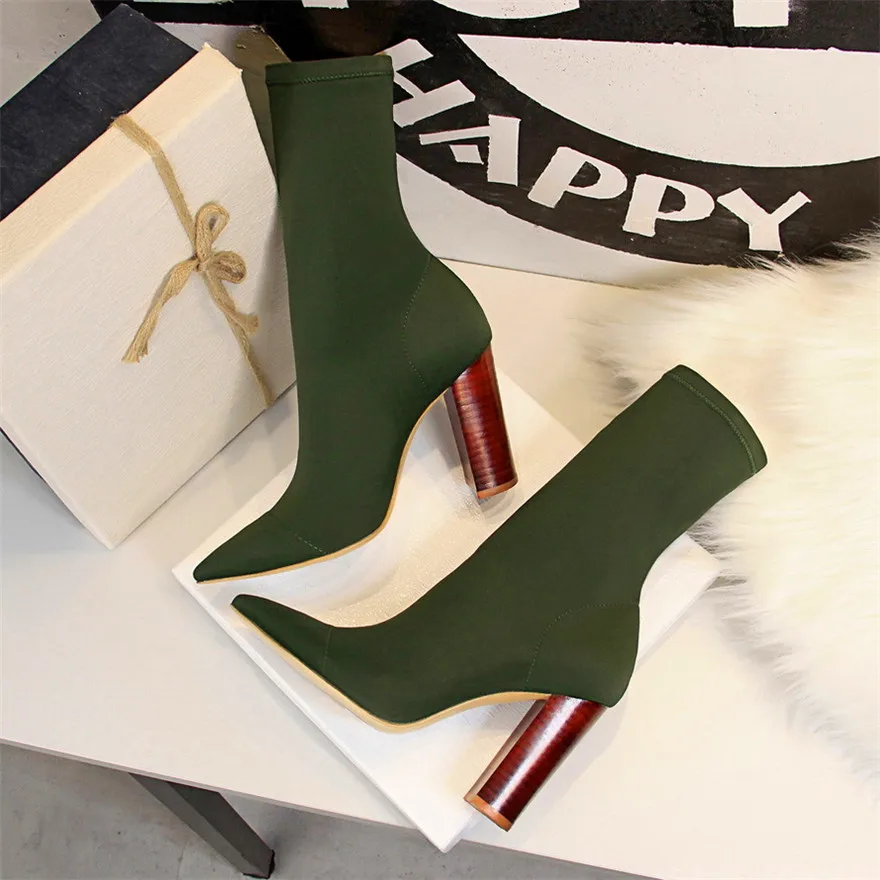 Plus Size 34-43 Retro Wood Grain Square Heel Women Boots Pointed Toe High Heels Party Shoes Woman Lycra Stretch Female Sock Boot