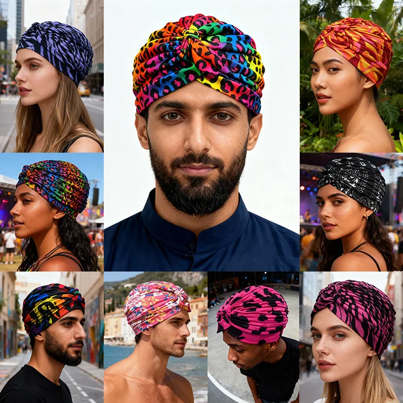 Leopard Paisley Crinkle Turban, Polyester Stretch Indian Hat, Elastic Base Layer Head Wrap