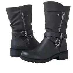 Buty damskie skórzane buty pasek Retro klamra średnio wysokie buty z cholewami okrągły palec 2023 nowe wodoodporne buty Casual damskie Botas De Mujer