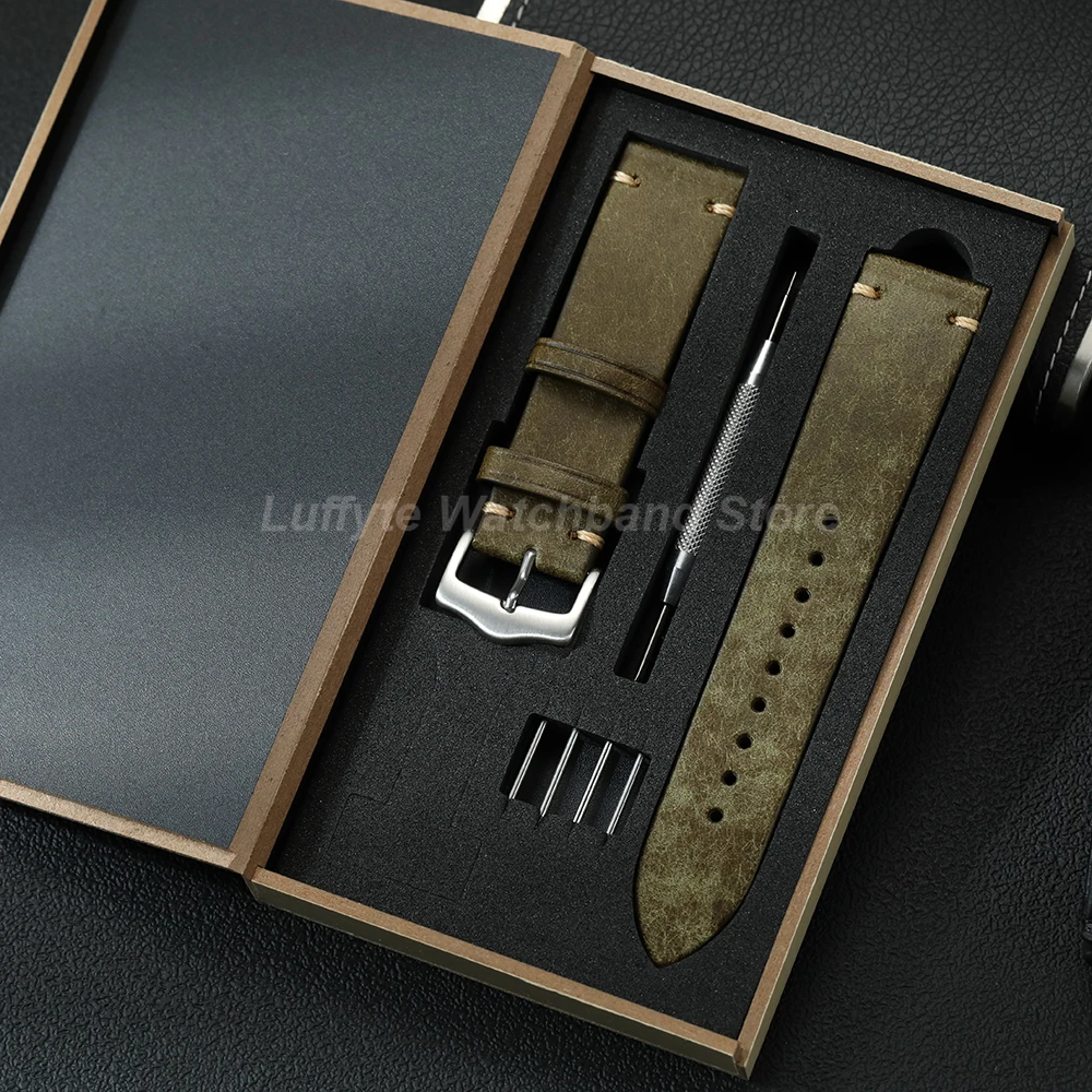 Herren Vintage Echtleder-Uhrenarmband 20mm 22mm mit Geschenkbox Rindsleder-Ersatzband Elegantes Armband Gürtel