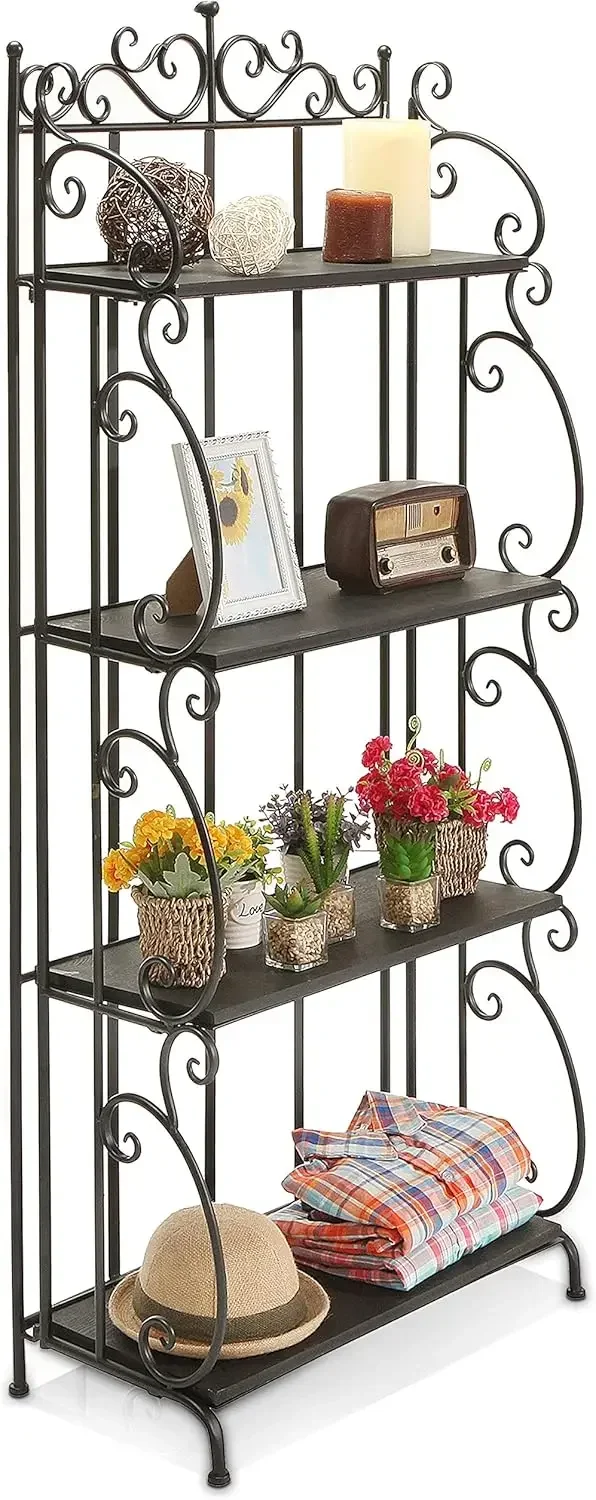 Black Metal Freestanding Shelf Rack, Decorative Bakers Rack Bookshelf Storage Shelf Unit with Metal Scrollwork Frame