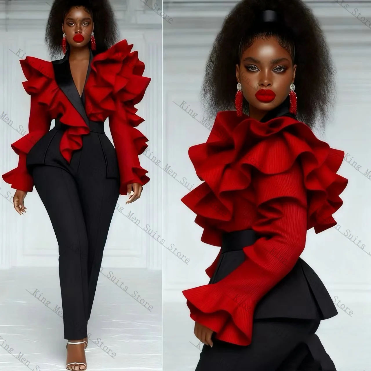 Abito da donna rosso nero Set 2 pezzi Blazer + pantaloni Pantaloni con volant Spalla Giacca da smoking da matrimonio formale personalizzata per ospiti