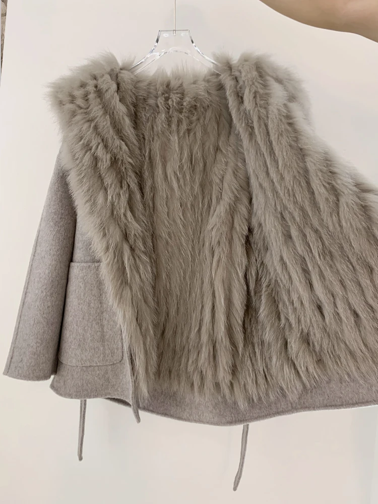 2023 Women Winter Natural Fur Coat With Real Fox Fur Belt Slim Vest Outwear Hooded Wool Cashmere Outwear Female Coat Full Sleeve