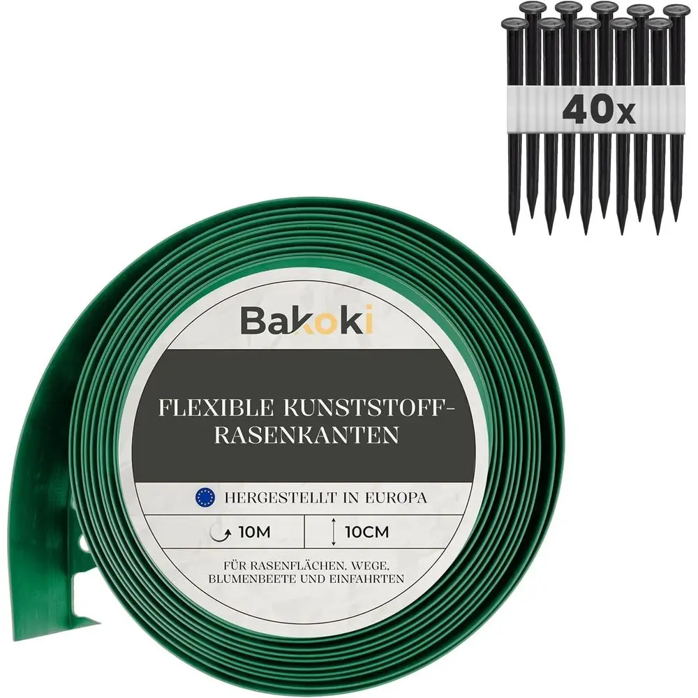 10m Green Plastic Round Lawn Edging with 40 Anchor Pegs for Lower Bed and Mowing