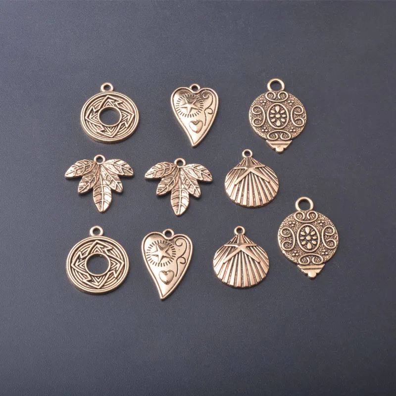 10 Stück/Set Ethnische Antike Silber- und Goldfarbene Anhänger Herz Blätter Schmuckzubehör Geometrische Blume Boho Anhänger DIY Damenohrringe – Detail 5