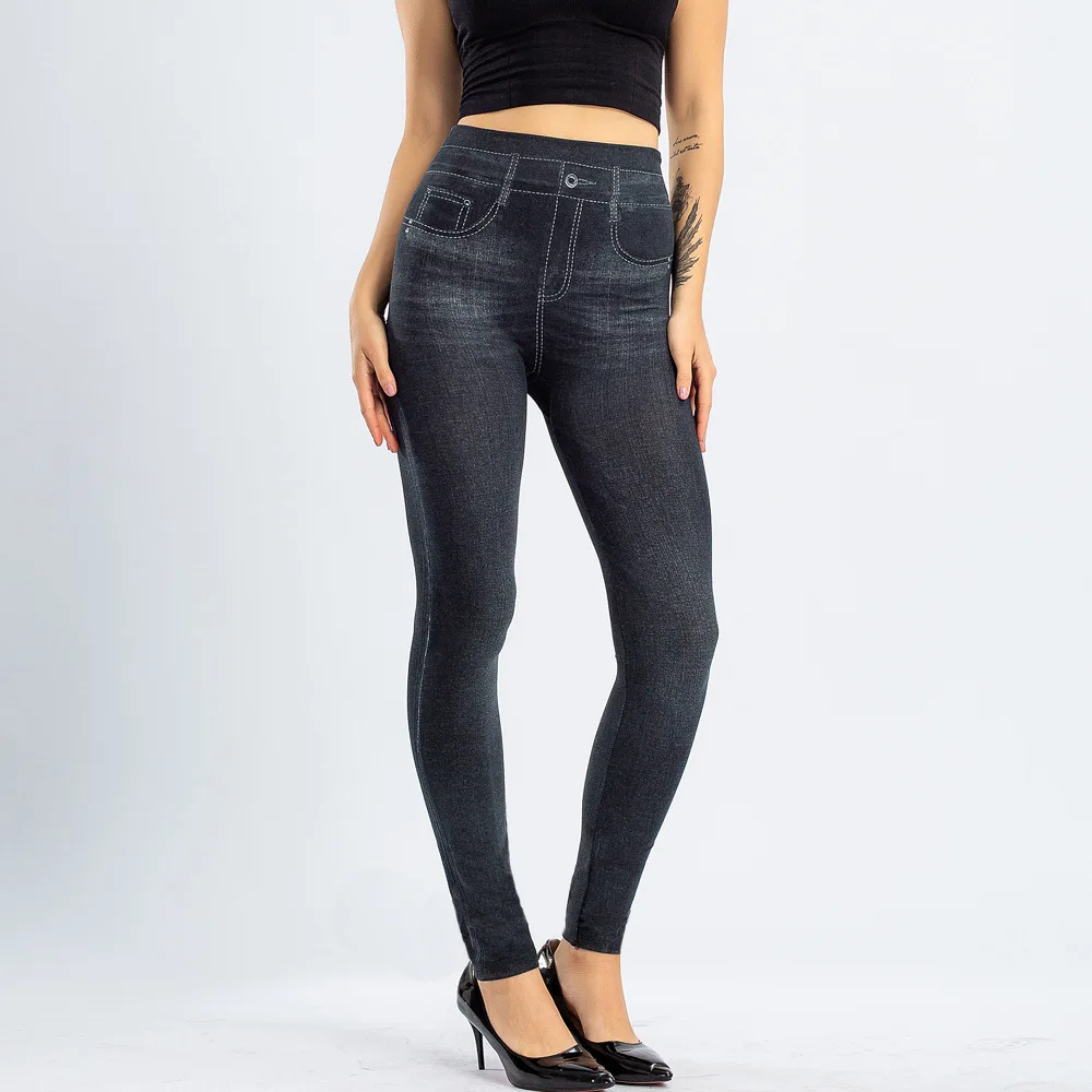 女性のセクシーなシームレスレギンス、ハイウエスト、暖かいイミテーションデニム、高弾性デニムタイトパンツ