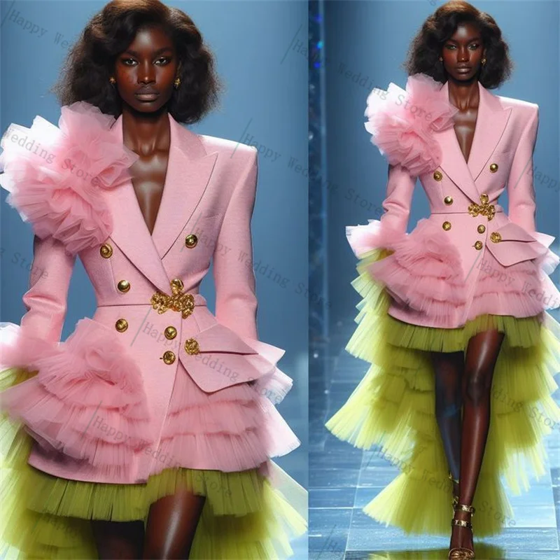 

Pink Green Women Suit Skirt Set 2 Piece Blazer+Tiered Tulle Prom Dress Formal Office Lady Jacket Customized Wedding Guest Coat