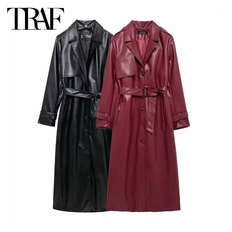 TRAF Faux Leather Windbreak Outerwears 2024 Women's Autumn Winter Oversized Belt Trench Coat Fashion Elegant Winered Black Coat