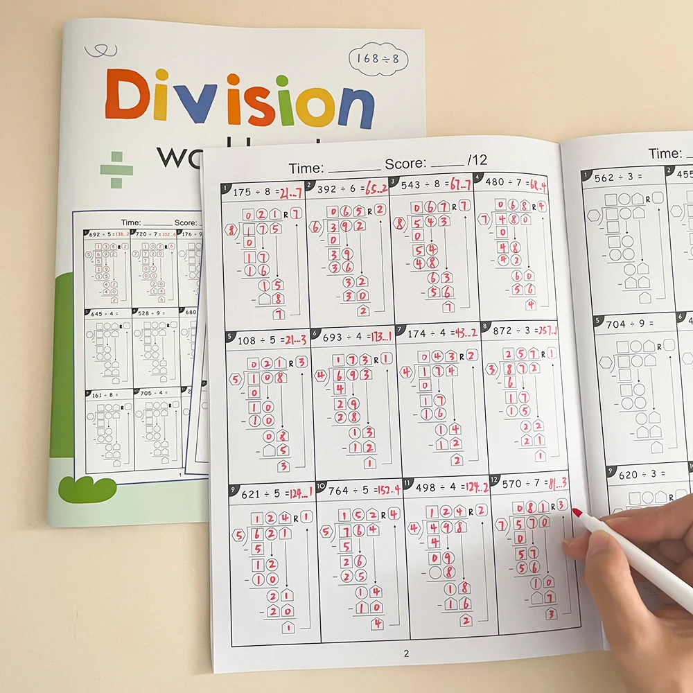 Conjunto de cadernos de treinamento de multiplicação e divisão longa de 2 dígitos, folha de trabalho de teste de prática de matemática graus 3-6 aritmética da escola primária