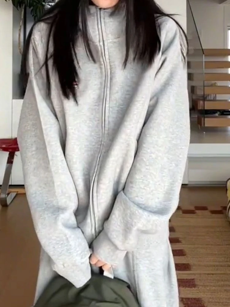 HOUZHOU American Retro Zipper Hoodies Women Hip Pop Green Oversize Hooded Sweatshirts Vintage Grey Casual Classic Solid Coat
