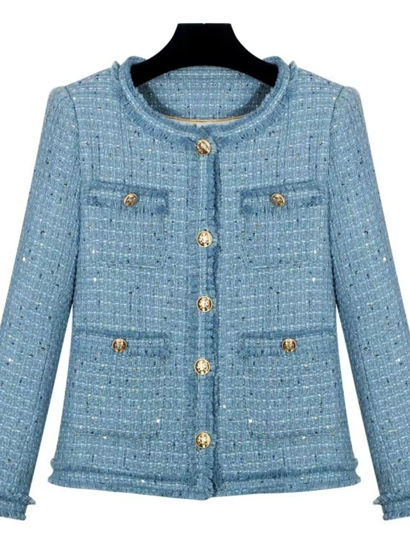 

Short blazer with gold buttons, multiple pockets, and a refined design