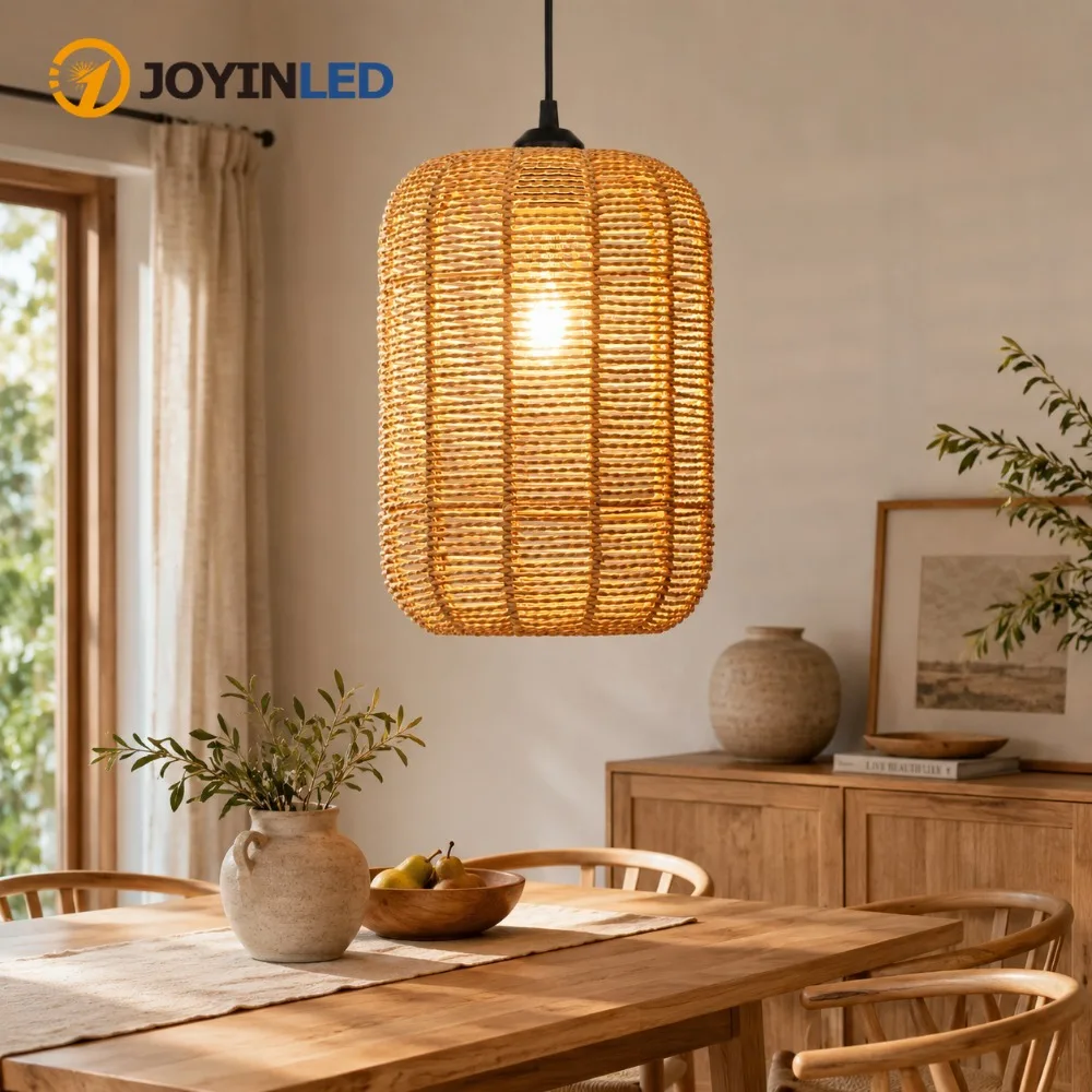 JOYINLED Boho Rattan Pendant Light Fixture, Natural Woven Hanging Lamp, Farmhouse Ceiling Light for Kitchen Island Dining Table