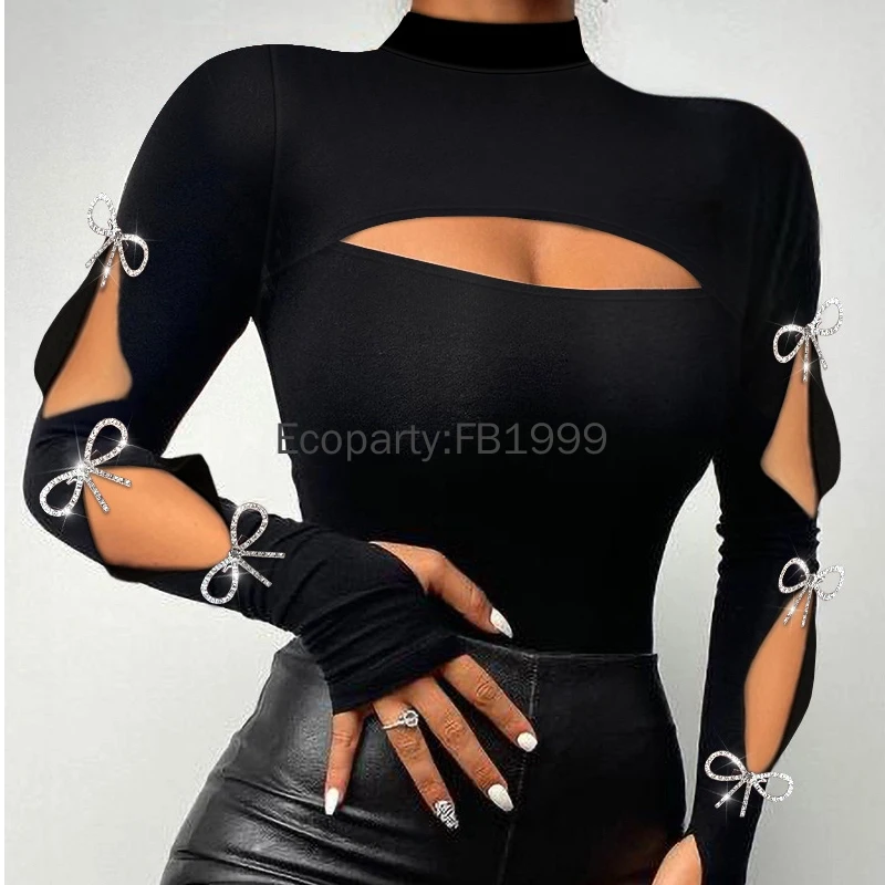 9 Types Women Fashion Slim Fit Off-shoulder Long-sleeved T-shirts Black Sexy Mock Neck Bodycon Tees Shirts Spring Autumn Tops