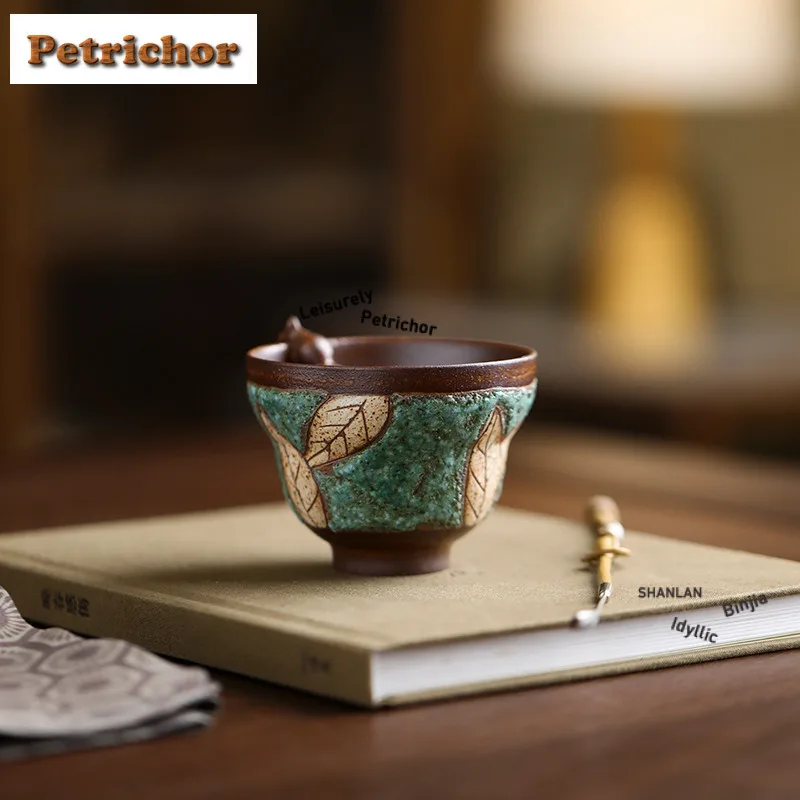 

110ml Old Rock Mud Green Turquoise Carved Gourd Teacup Zen Tea Bowl Jug Tea-tasting Personal Cup Chazhan Master Cups Drinkware