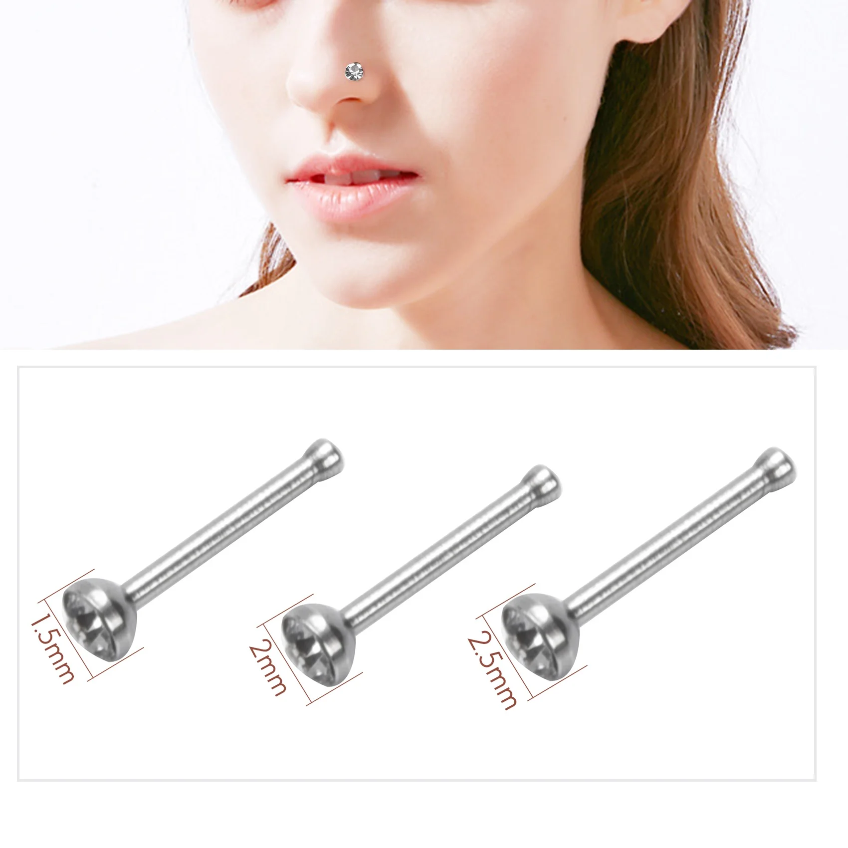 60Pcs Stainless Steel Nose Studs Rings Piercing Pin Body Jewelry 22G 1.5mm 2mm 2.5mm