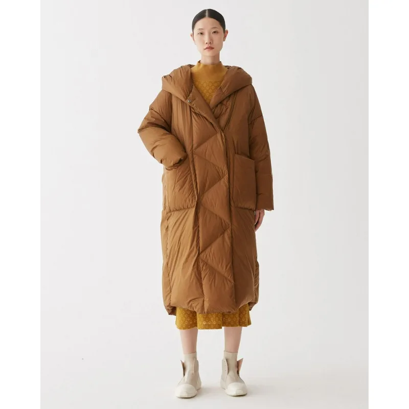 Women's Winter White Duck down Jacket Loose Fit Long Thick with Hood And Back Slit for Cold Weather