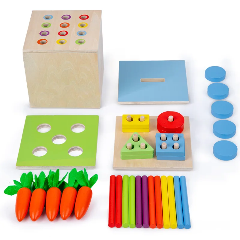 4 In 1 Montessori Permanence Box Pull Carrot Toys Color/ Shape Sorting & Matching Game Preliminary Hand-Eye Coordination Exercis