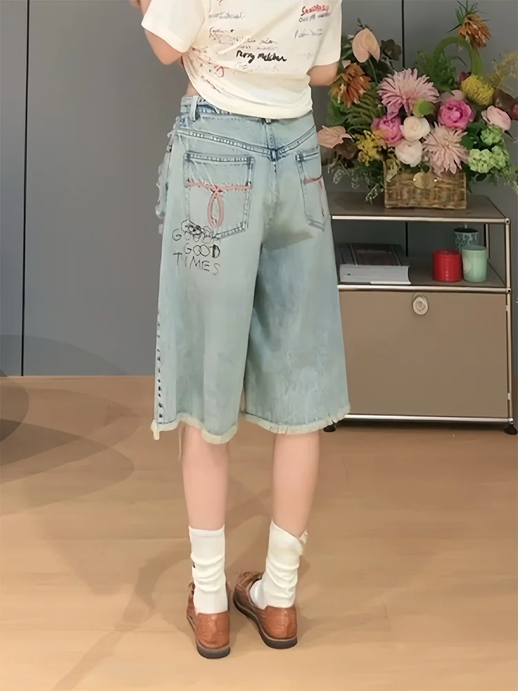 Heavy Embroidery Print Denim Jeans High Waist Loose Fit Seven Inch Fashionable Summer New Style American Spicy Women's Pants