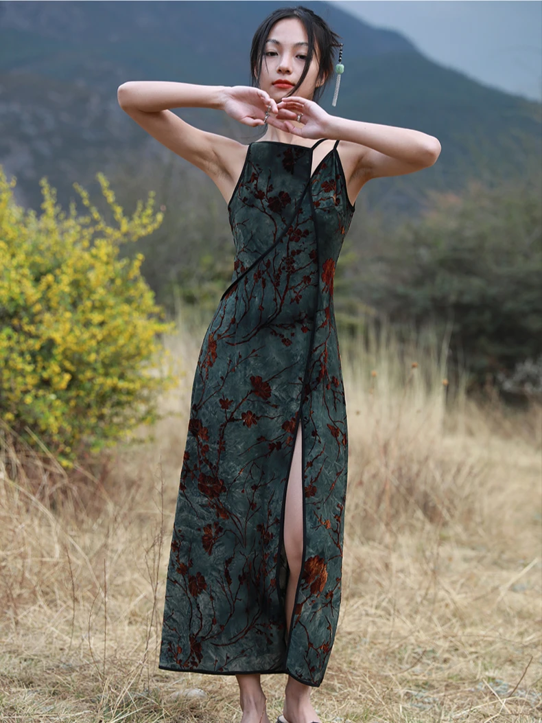 CHEERART flocage Floral vert Vintage longues robes femme Cheongsam été dos nu une ligne côté fendu Midi robe de créateur