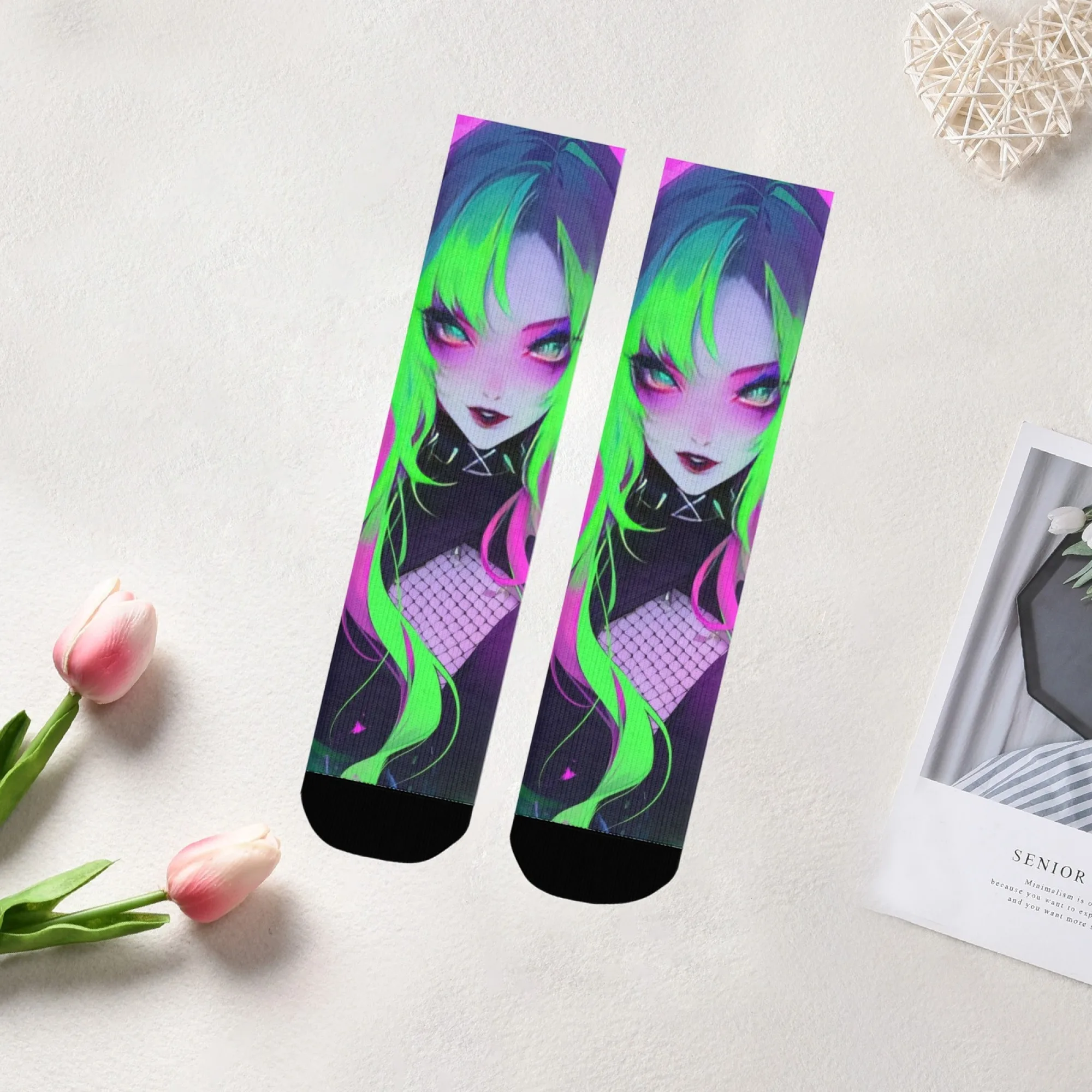 

Темные носки в стиле киберпанк, неоновый цвет, флуоресцентный зеленый, изысканная девушка, сексуальная ажурная сетка, уличная мода, уникальный подарок