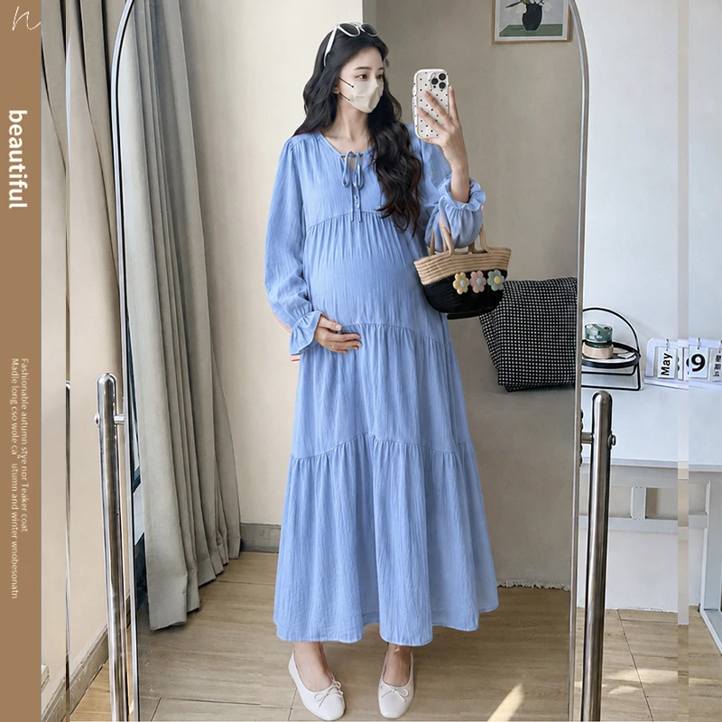 Autumn Maternity Ball Gown Dress Long Flare Sleeve V-neck Fashion Pregnant Woman Plus Size Dresses