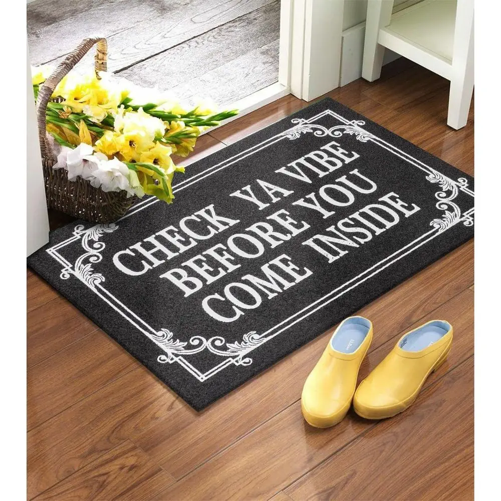 Black Non-Slip Rubber Door Mat, 28x18 Inches, 'Check Your Vibe' Welcome Mat for Indoor/Outdoor Use