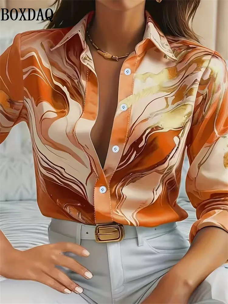 Novo feminino abstrato tie dye 3d padrão de mármore impressão blusa de manga comprida moda primavera outono casual lapela botão camisas soltas