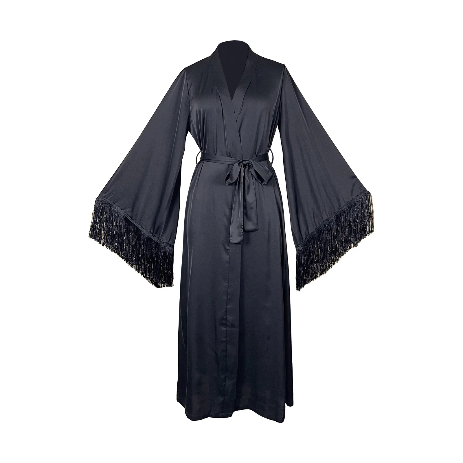 Light Luxury Women's Nightgown Satin Fringed Decorative Horn Sleeve Morning Gown Multi-color Loungewear Cw67256