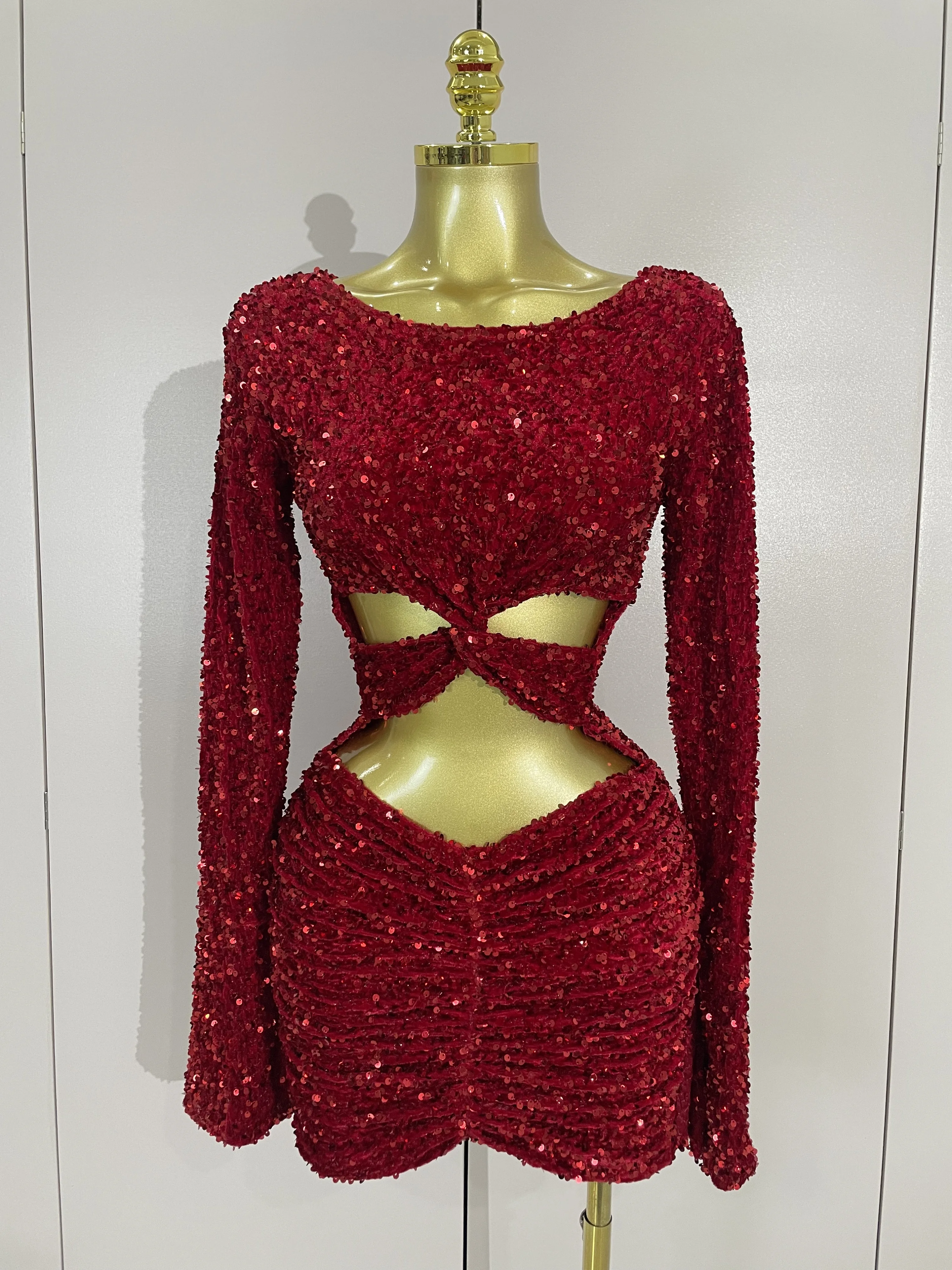 

Сексуальное красное мини-платье с блестящими пайетками и расклешенными рукавами, женское вечернее платье для дня рождения, ночного клуба, сценическое костюм