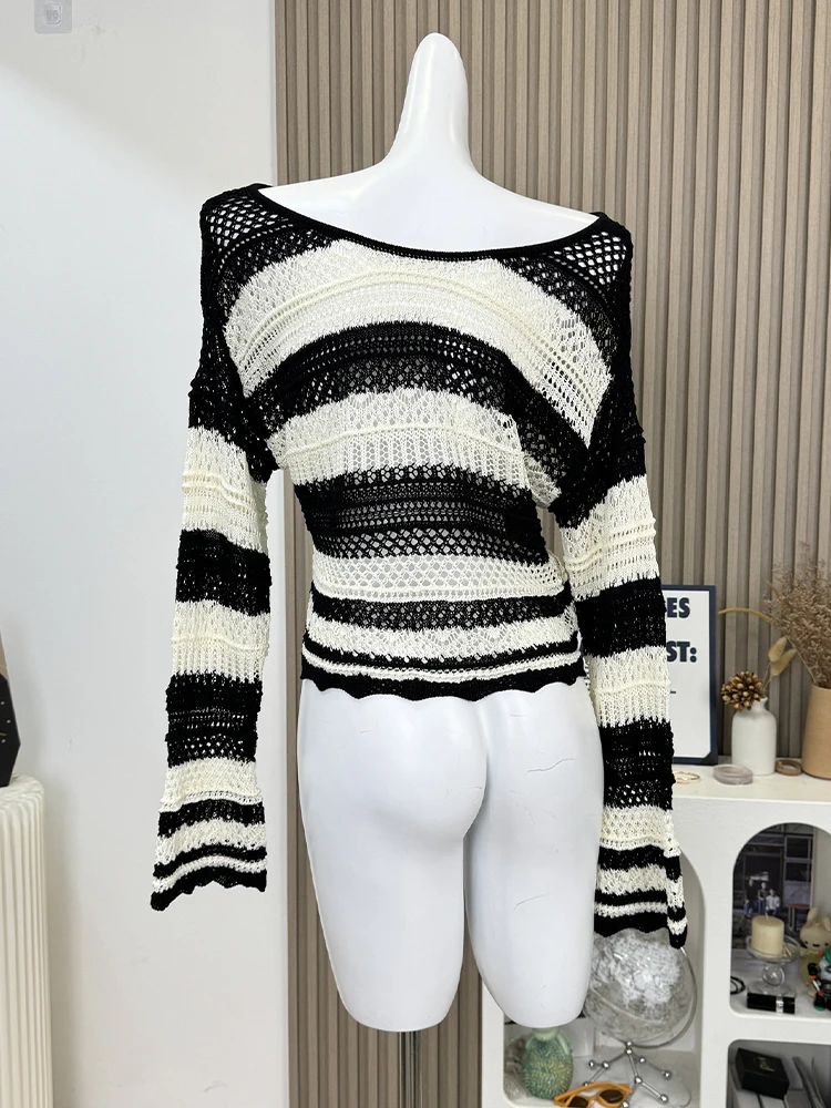 Autumn Winter Woman Vintage Hollow Out Y2k Cardigan Sweater Long Sleeve Striped Knitwears Crochet Top Chic Designer Pullovers