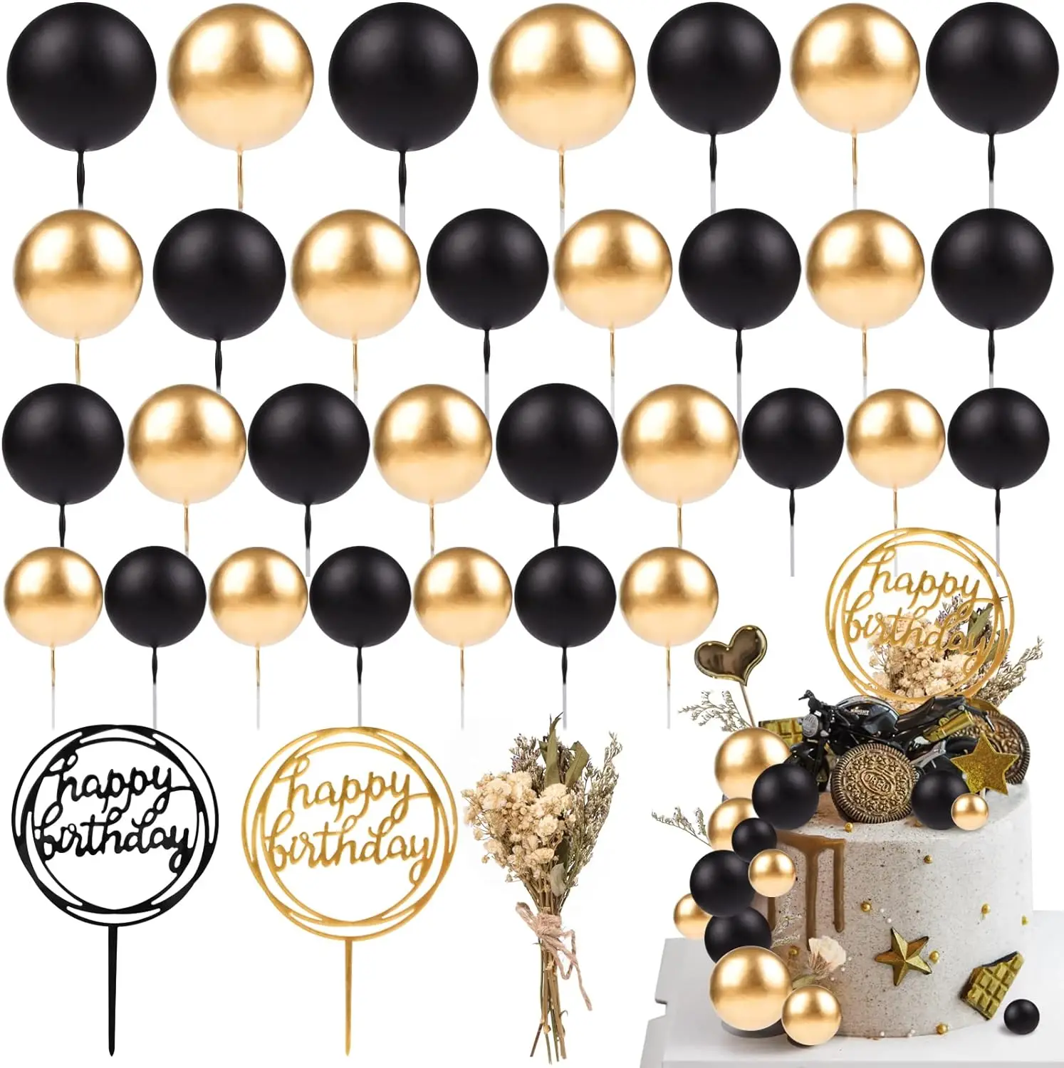 33pcs Ball Cake Topper with Mini Black Gold Balls Simulated Flower Cake Decorations for Wedding Anniversary Birthday Party