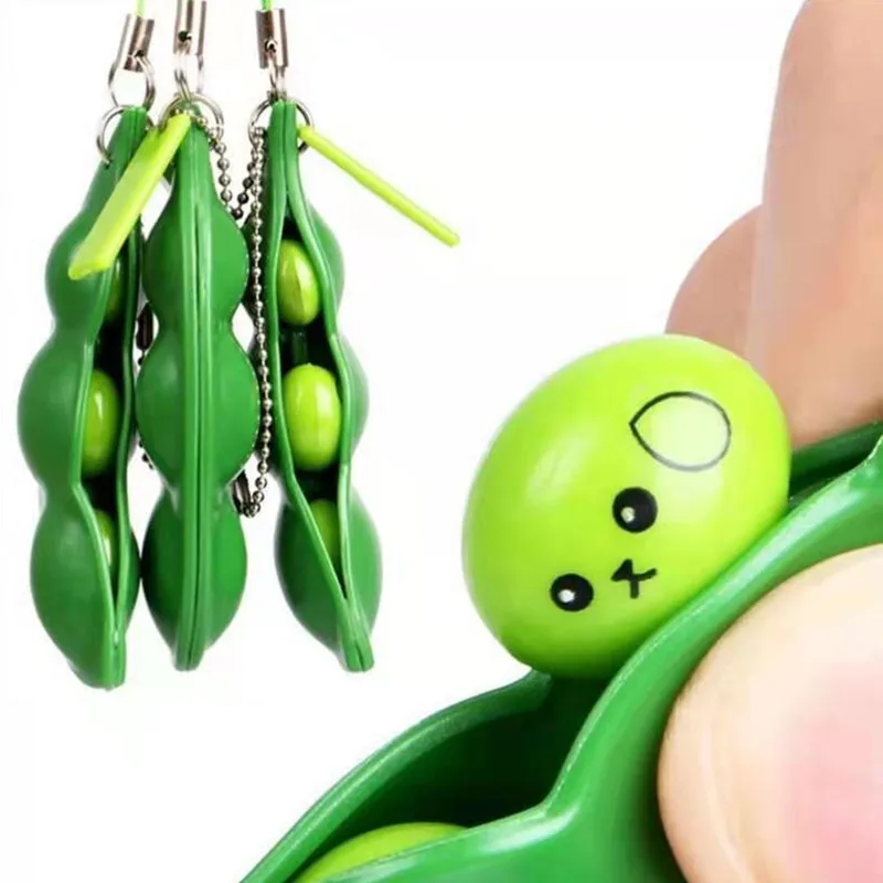 5-10 Stück Niedliche Quetsch-Grüne-Bohnen-Schlüsselanhänger Fidget-Spielzeuge Kreative Stressabbau-Anhänger für Handydekoration Geburtstagsgeschenk