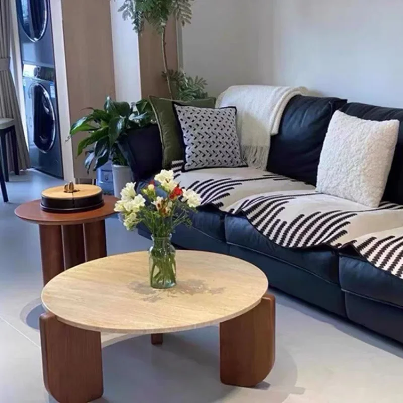 Wabi Sanfeng журнальный столик из травертина из цельного дерева, минималистичный маленький чайный столик для гостиной, бытовой круглый Ян